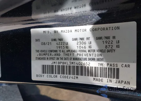 2021 Mazda Mazda3 Hatchback Select из США, поврежденный, VIN JM1BPBKL3M1402652